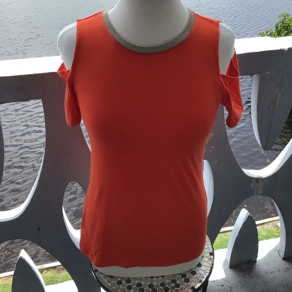 Michael Kors Cold Shoulder Short Sleeve Blouse Sunset Orange and Gold Collar